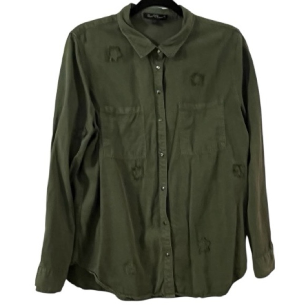 Velvet Heart ARMY GREEN SNAP BUTTON STAR BLOUSE Women's Large DISTRESSED SHIRT